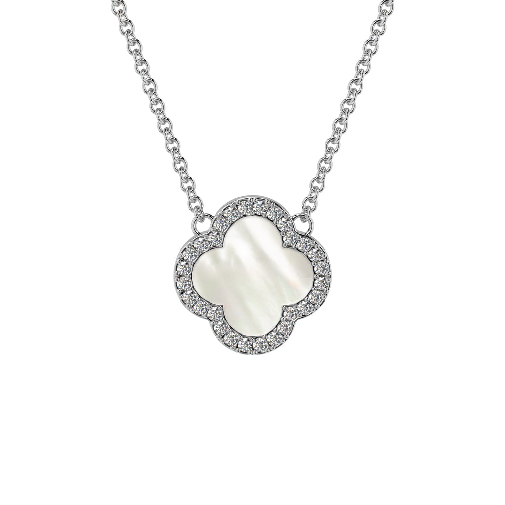 925 Srebrena Ogrlica, Lančić - Djetalina Sa 4 Lista, Bijela - N061