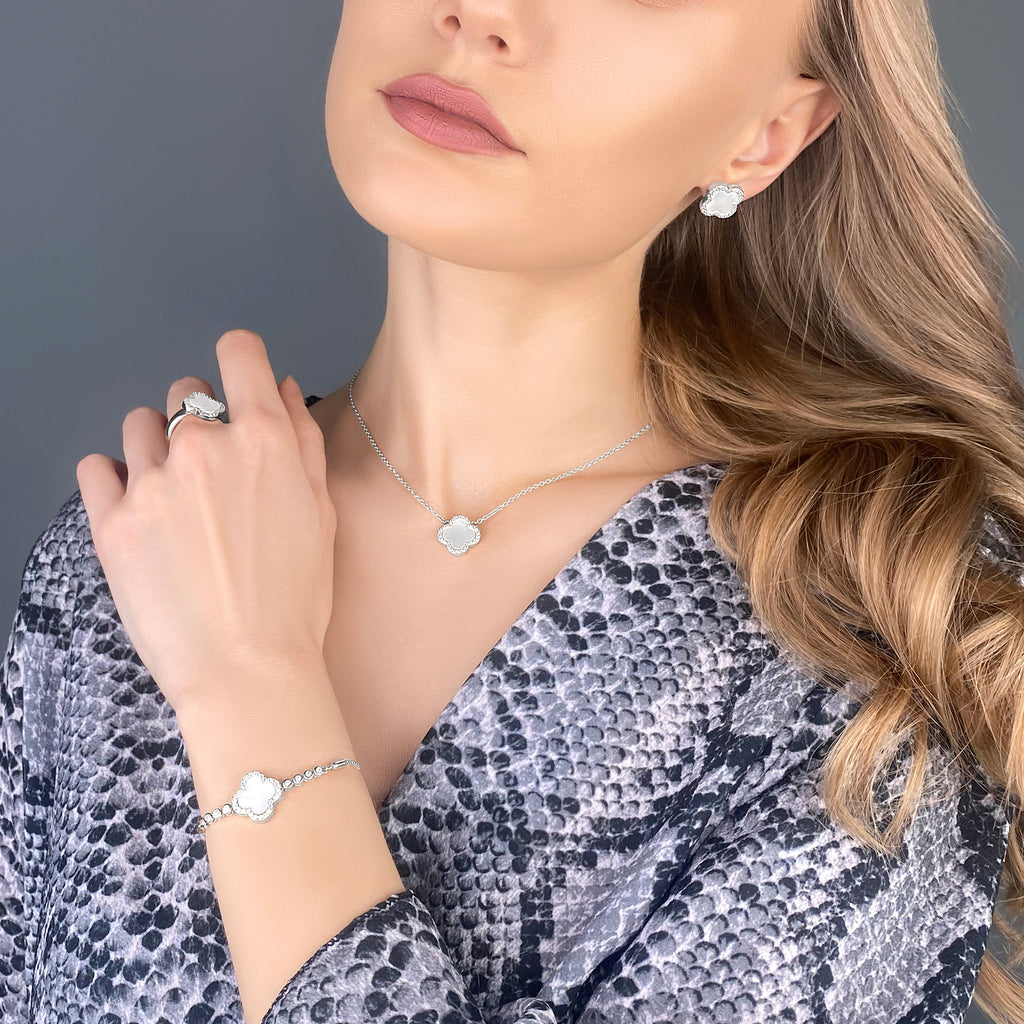 925 Srebrena Ogrlica, Lančić - Djetalina Sa 4 Lista, Bijela - N061